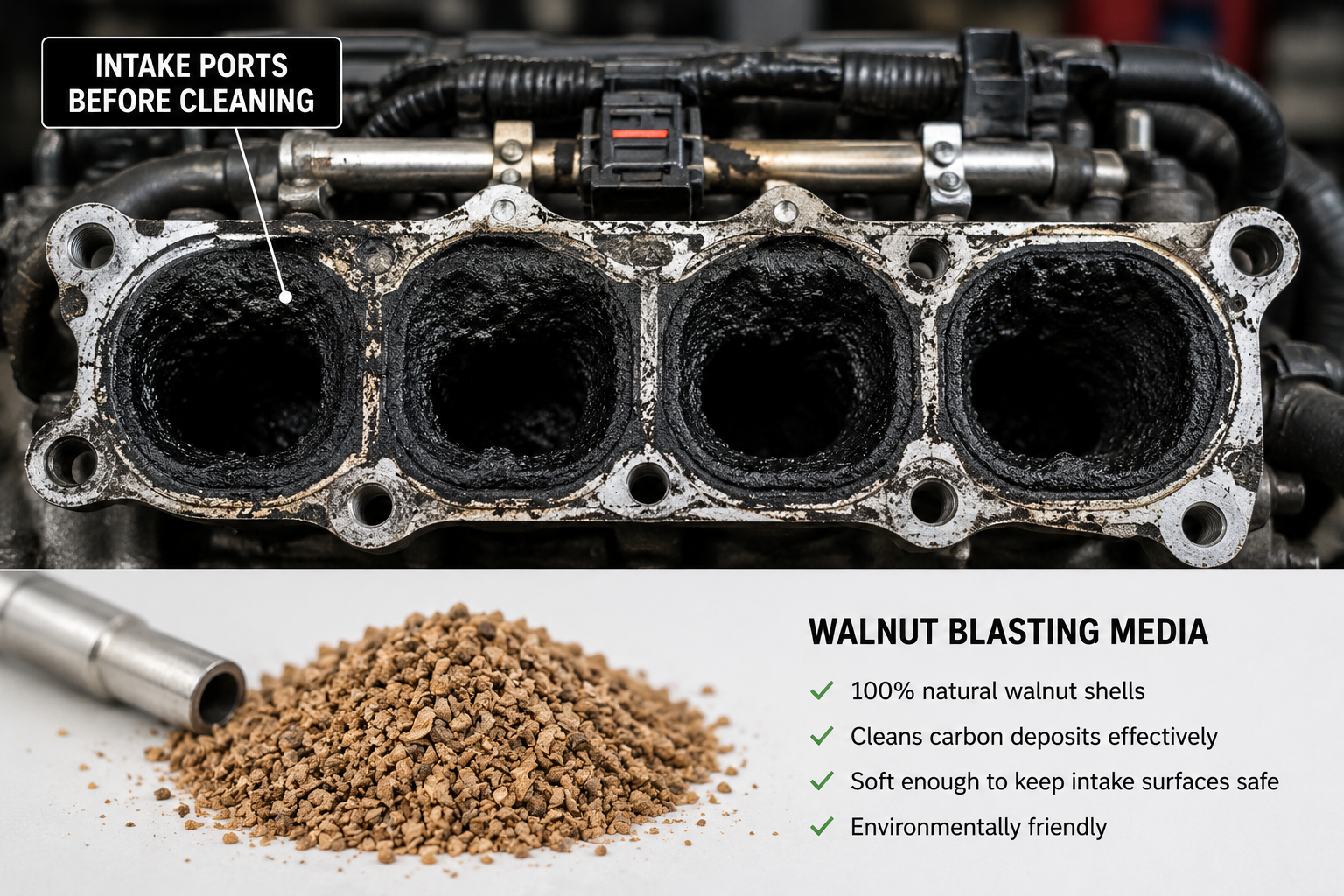 Engine intake cleaning with walnut blasting