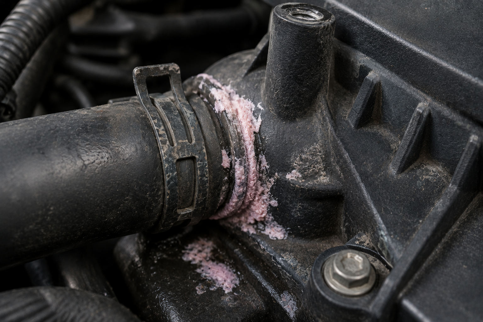 Grimy engine hose with coolant residue