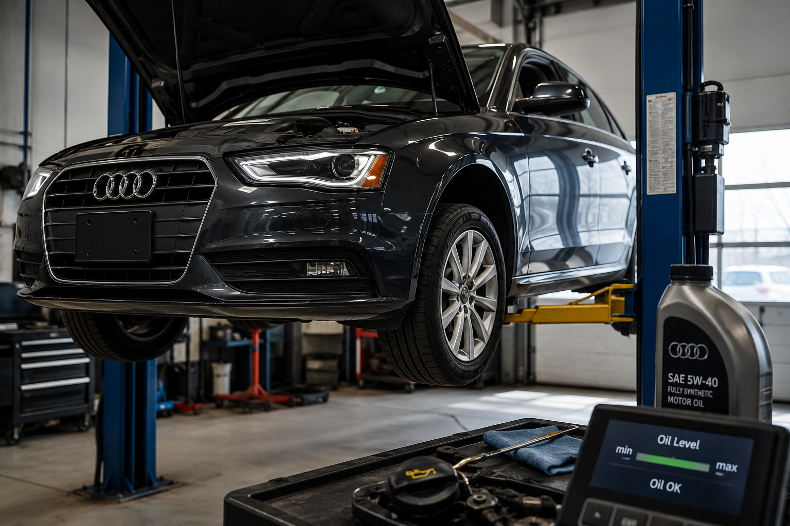 Audi on lift in garage bay