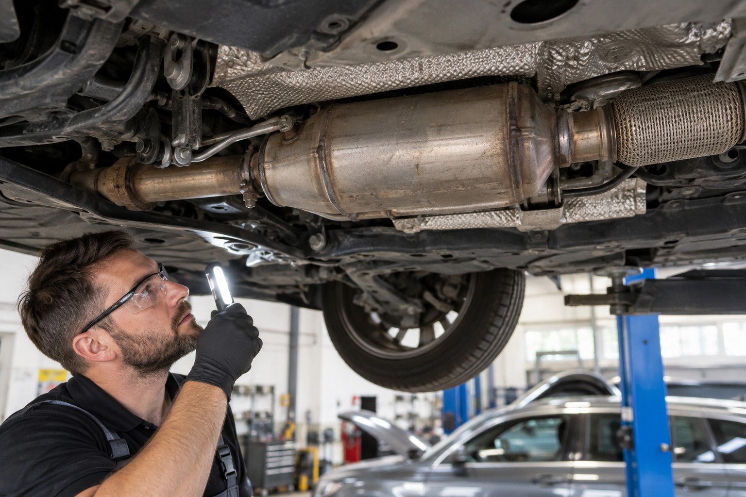 A technician inspects an intact diesel filter under a car