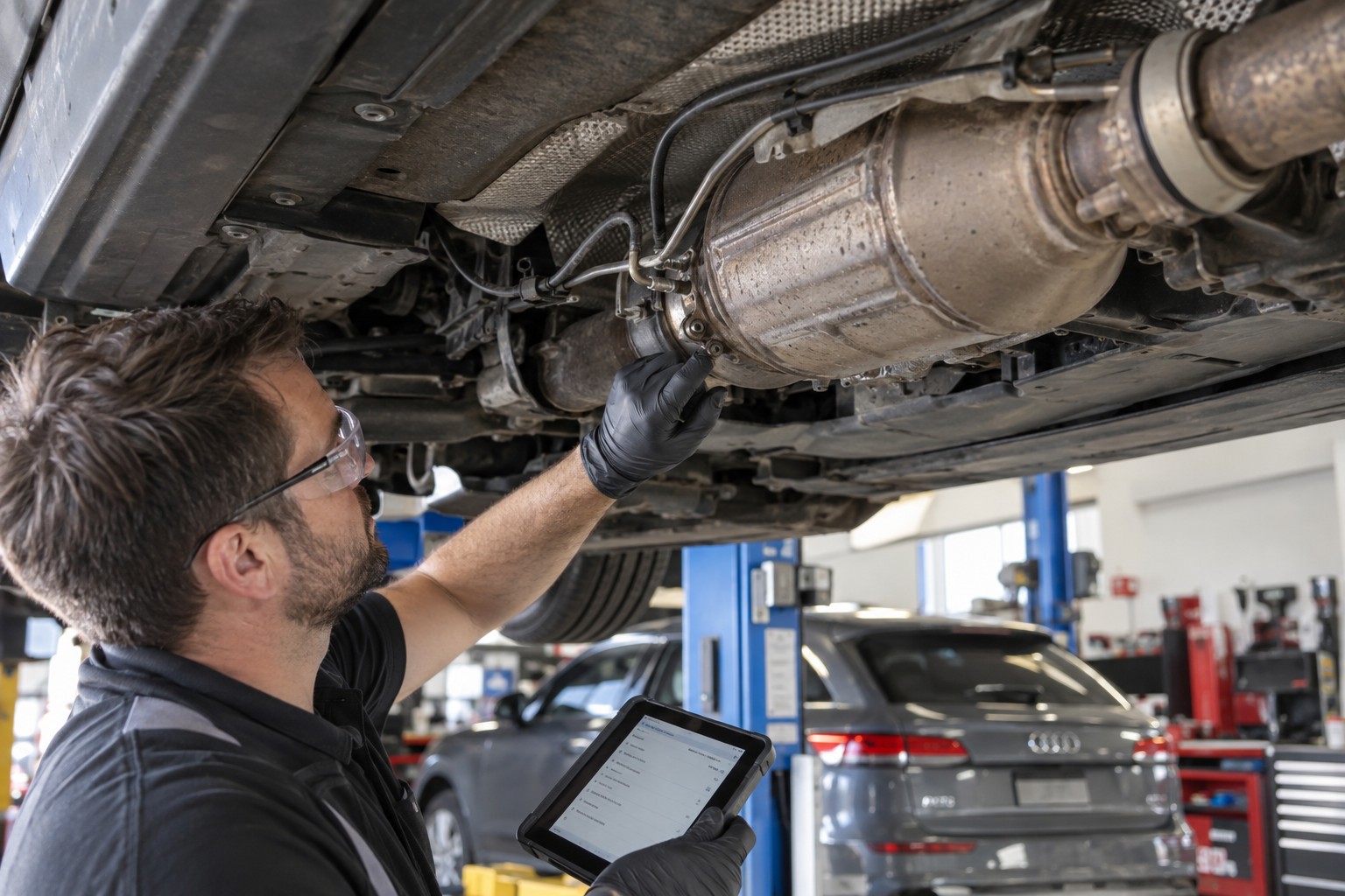 A specialist assesses a diesel exhaust filter before repair