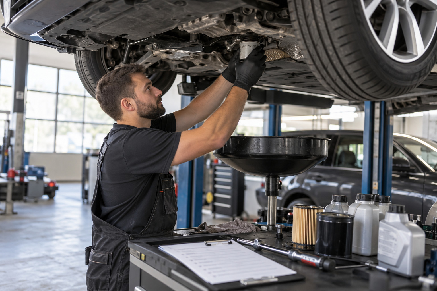 Technician services a raised car from beneath with filters and fluids close at hand.