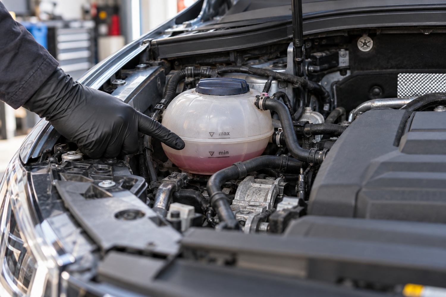 Gloved mechanic points to pink coolant near the minimum mark in a closed expansion tank.