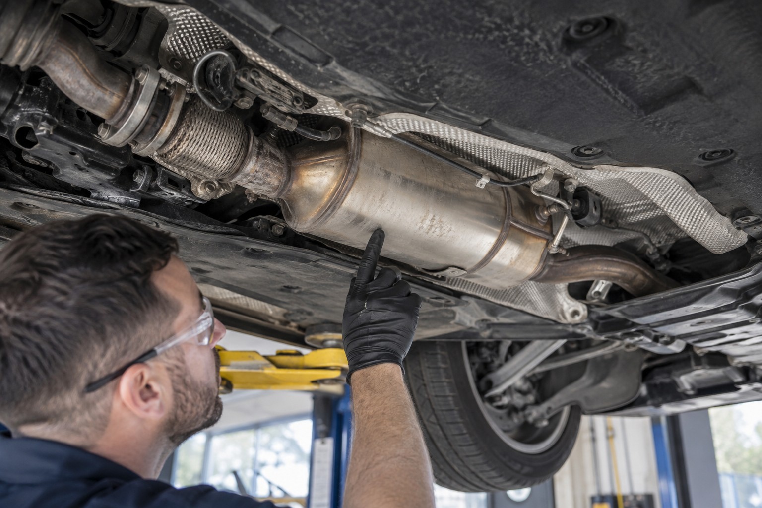 A technician identifies the particulate filter in a diesel exhaust system
