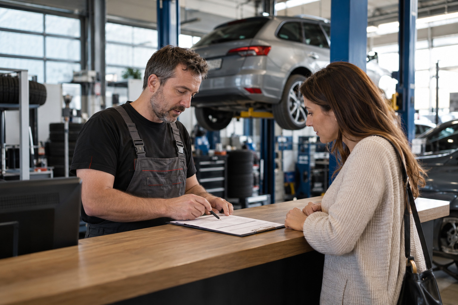Service adviser reviews a maintenance record with a customer at a workshop counter.