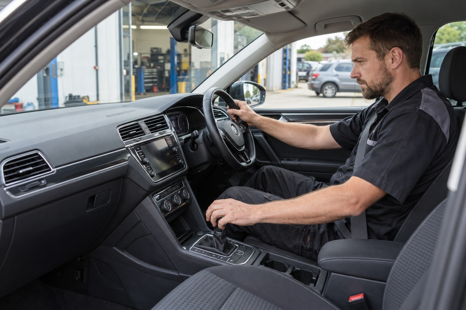 Mechanic assesses the automatic gear selector in a right hand drive Volkswagen Tiguan.