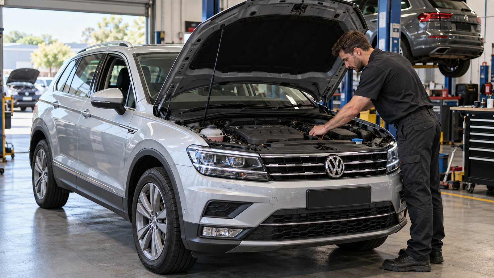 Mechanic inspects the engine bay of a silver Volkswagen Tiguan in a workshop.