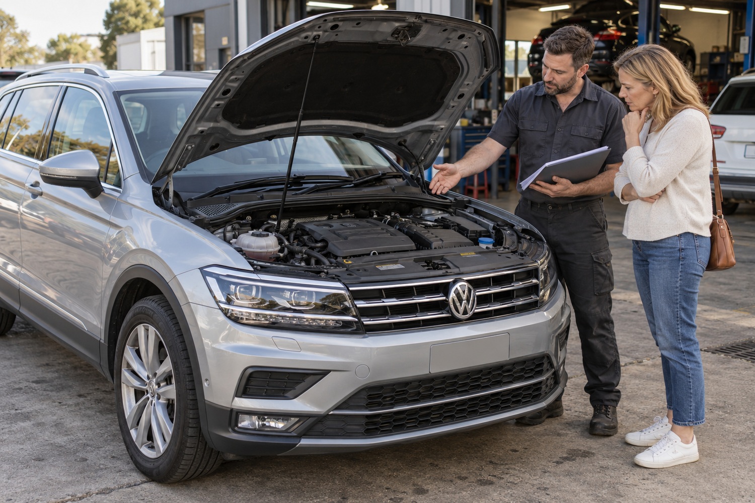 Mechanic discusses a Volkswagen Tiguan inspection with a buyer beside its open bonnet.