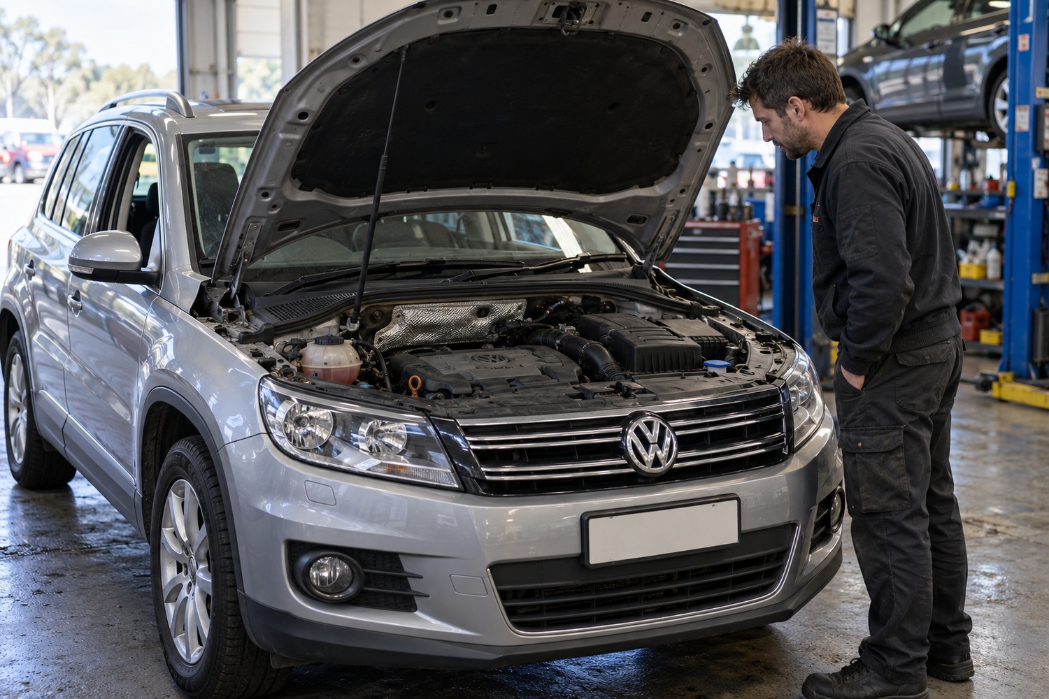 Mechanic listens beside the open bonnet of a first generation Volkswagen Tiguan.