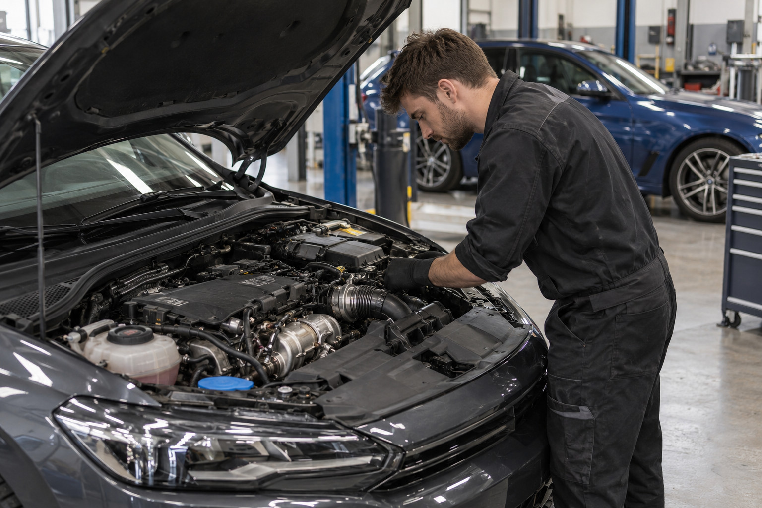 Mechanic examines the engine bay of a late-model European car.