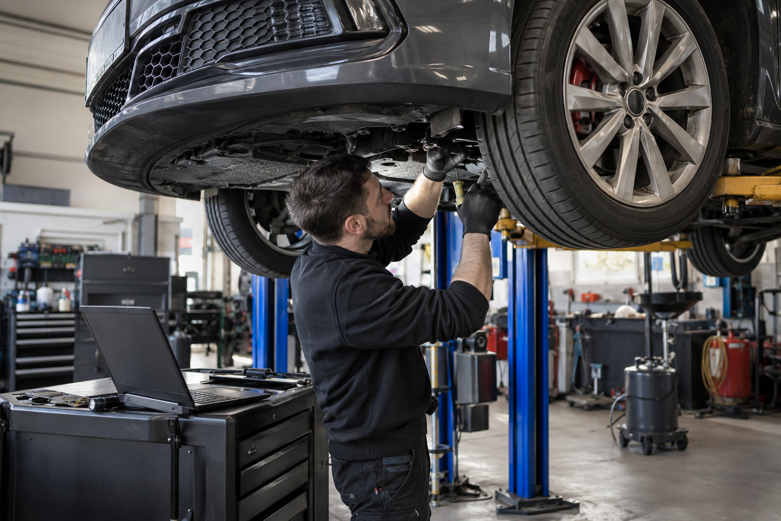 Mechanic works beneath a European car on a hoist with a diagnostic laptop nearby.