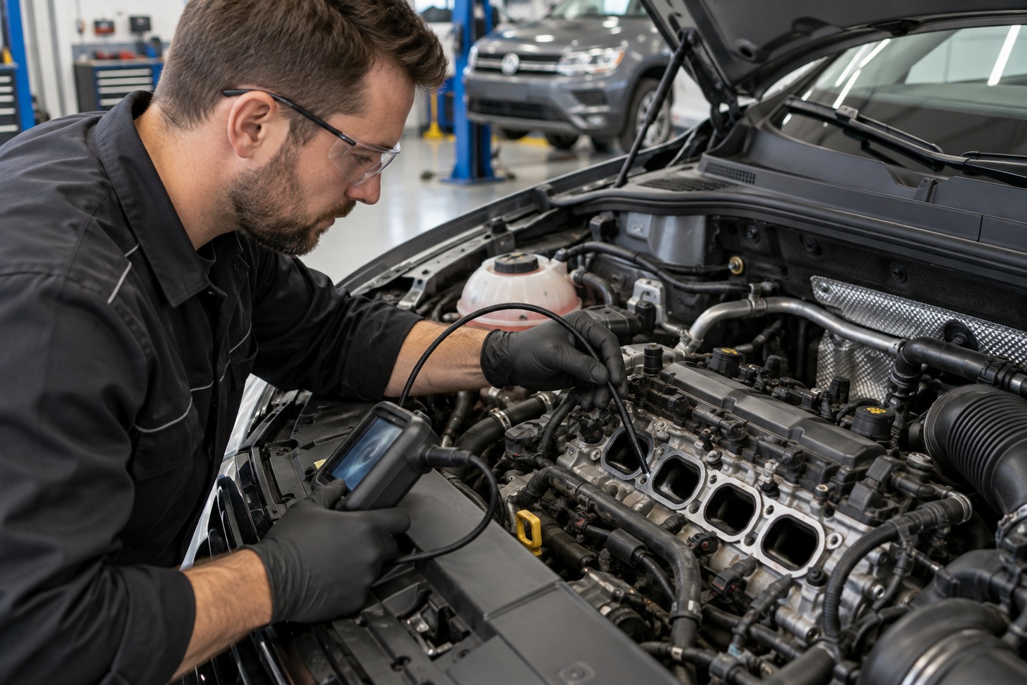Technician uses a borescope to inspect petrol engine intake ports in a workshop.