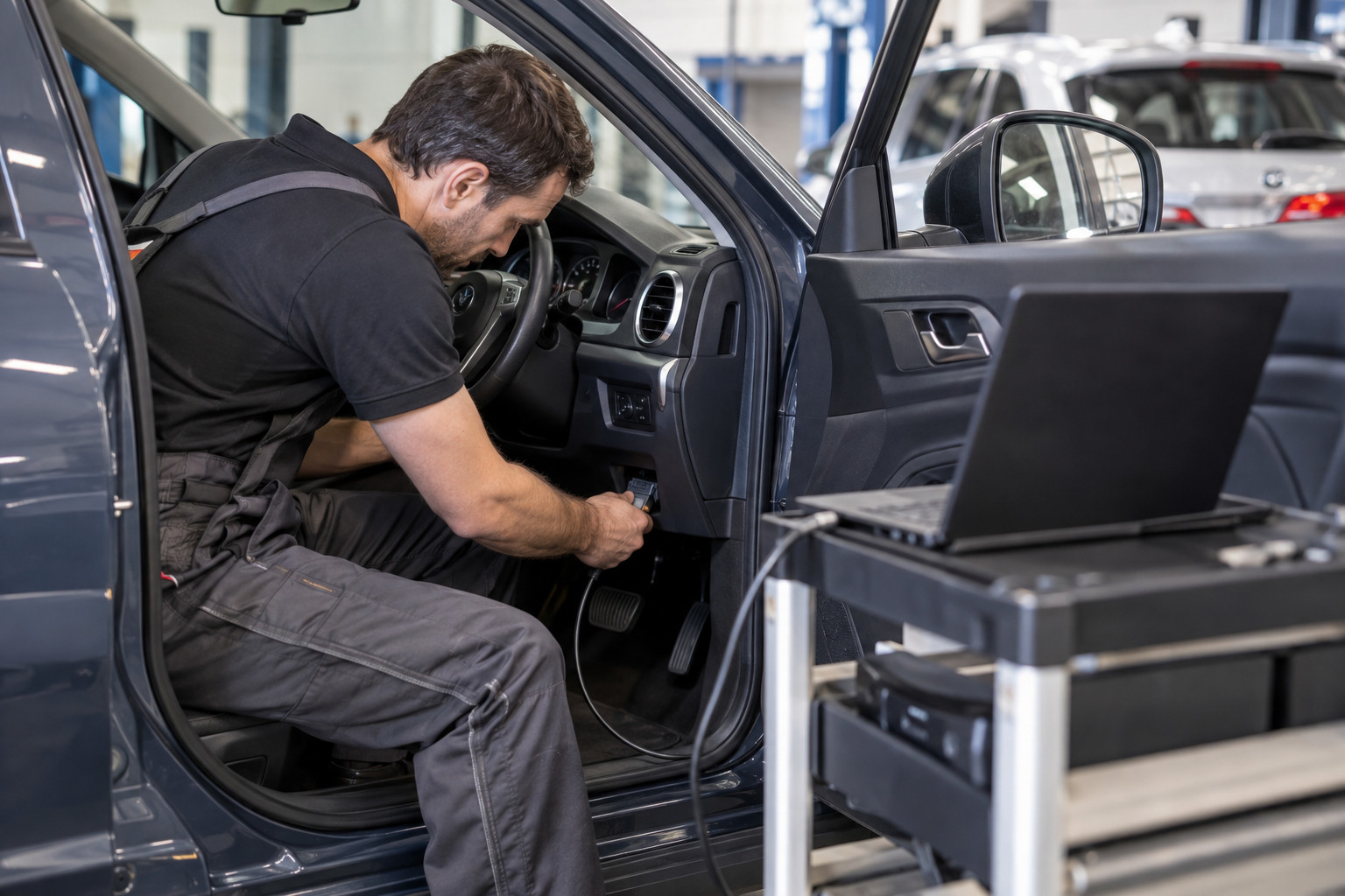 Technician connects diagnostic equipment inside a right-hand-drive car.