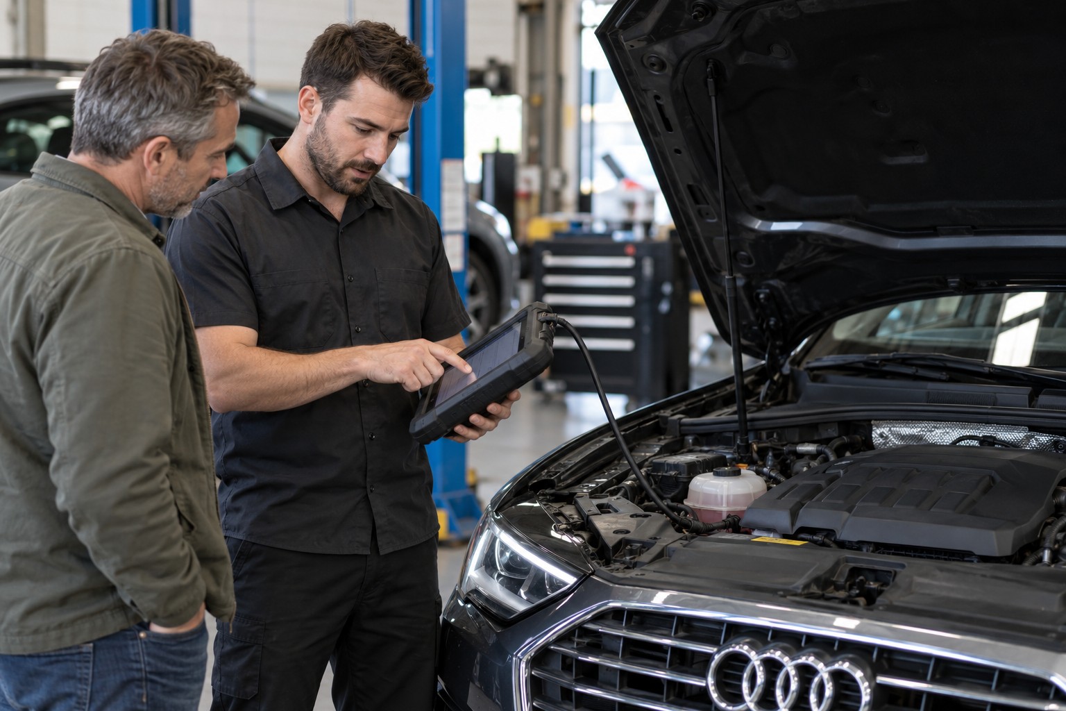 A technician reviews diesel filter readings with a car owner before repair