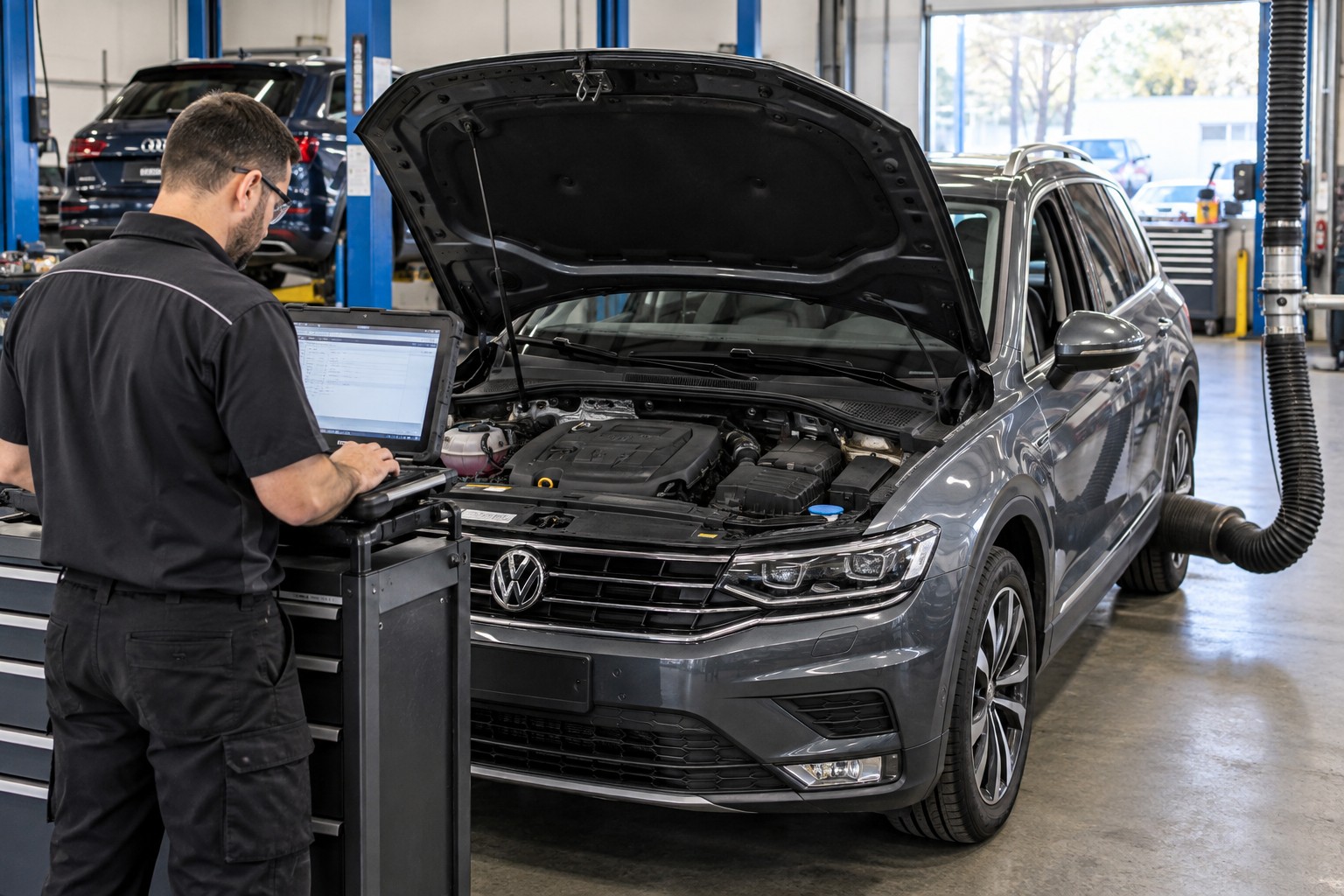 A diesel specialist uses a scan tool during a workshop check