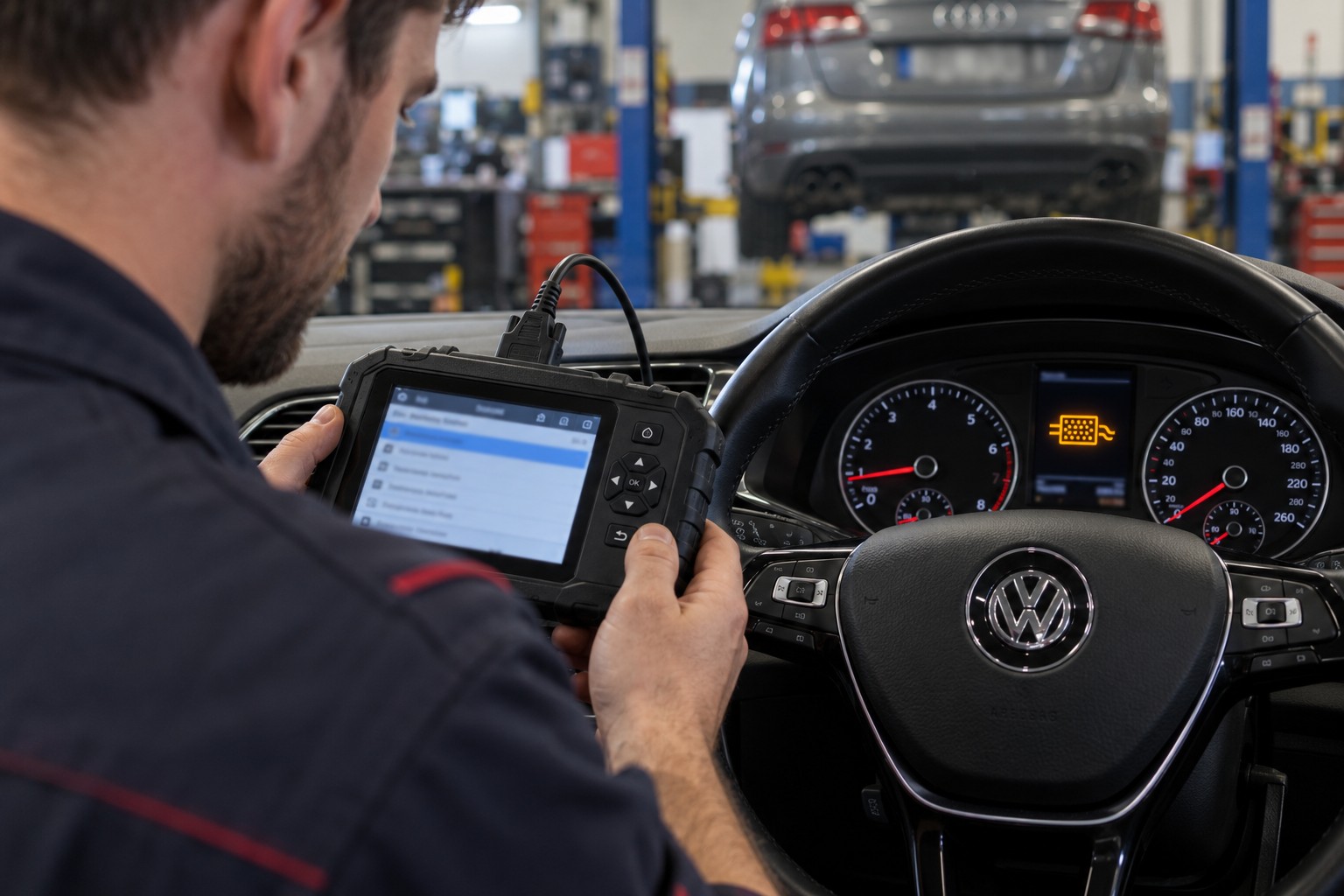 A technician checks an illuminated DPF warning while using a diagnostic scan tool