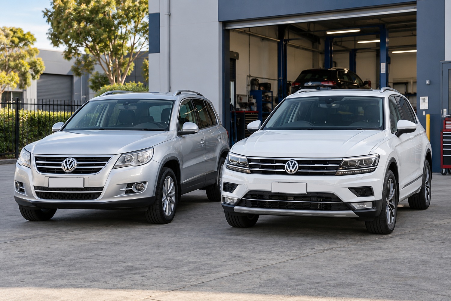 First and second generation Volkswagen Tiguans parked outside a workshop.