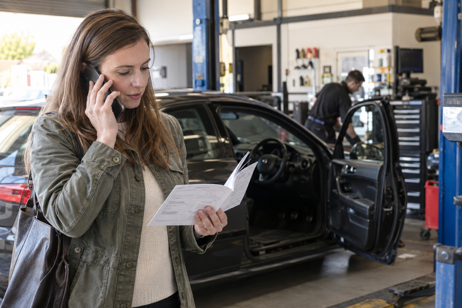 Customer phones a workshop while looking through a car service document.