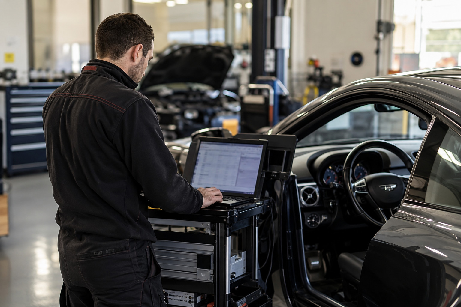 Technician reviews diagnostic results beside a European car in a workshop.
