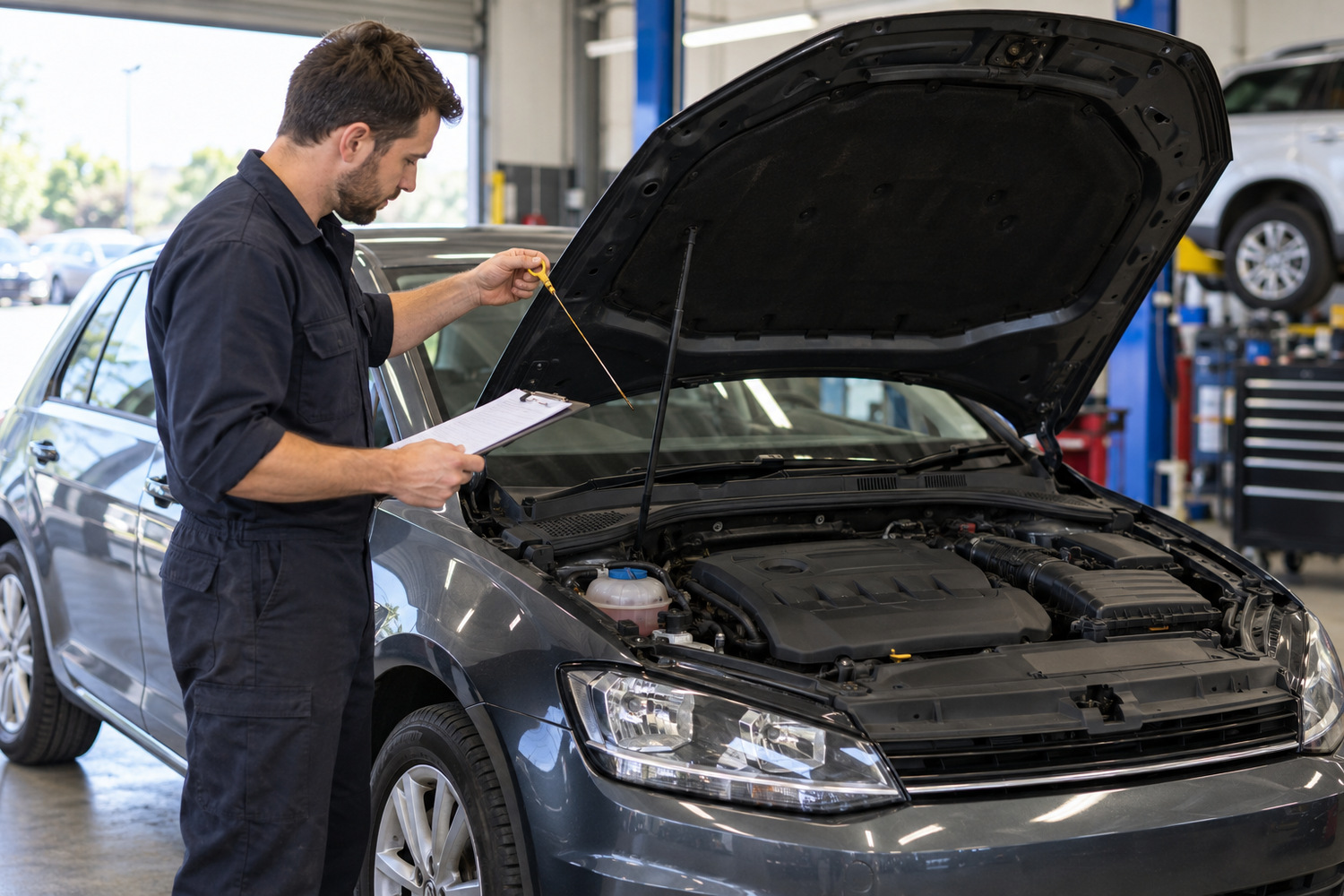 Northside Auto Haus | Is your VW or Audi using too much oil between services? Mechanic checking a dipstick while recording an oil-level inspection on a clipboard.