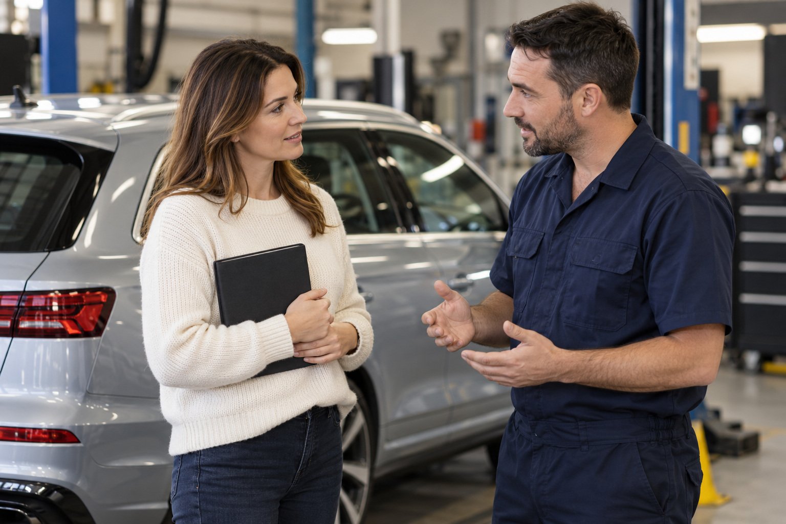 Northside Auto Haus | Is your VW or Audi AdBlue warning a refill or a fault? An owner holding a vehicle handbook discusses their car with a mechanic.