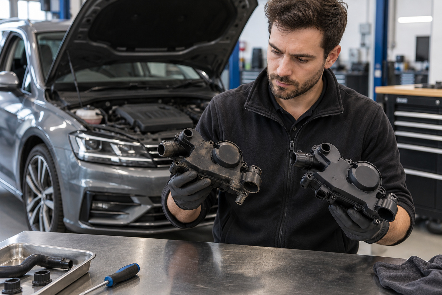 Northside Auto Haus | Is your VW or Audi using too much oil between services? Technician comparing used and replacement black plastic breather housings at a workshop bench.