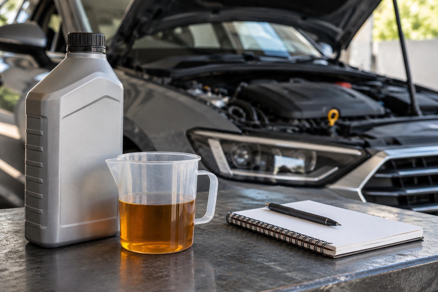 Northside Auto Haus | Is your VW or Audi using too much oil between services? Jug of amber oil, an unlabelled oil bottle and a notebook beside an open car bonnet.
