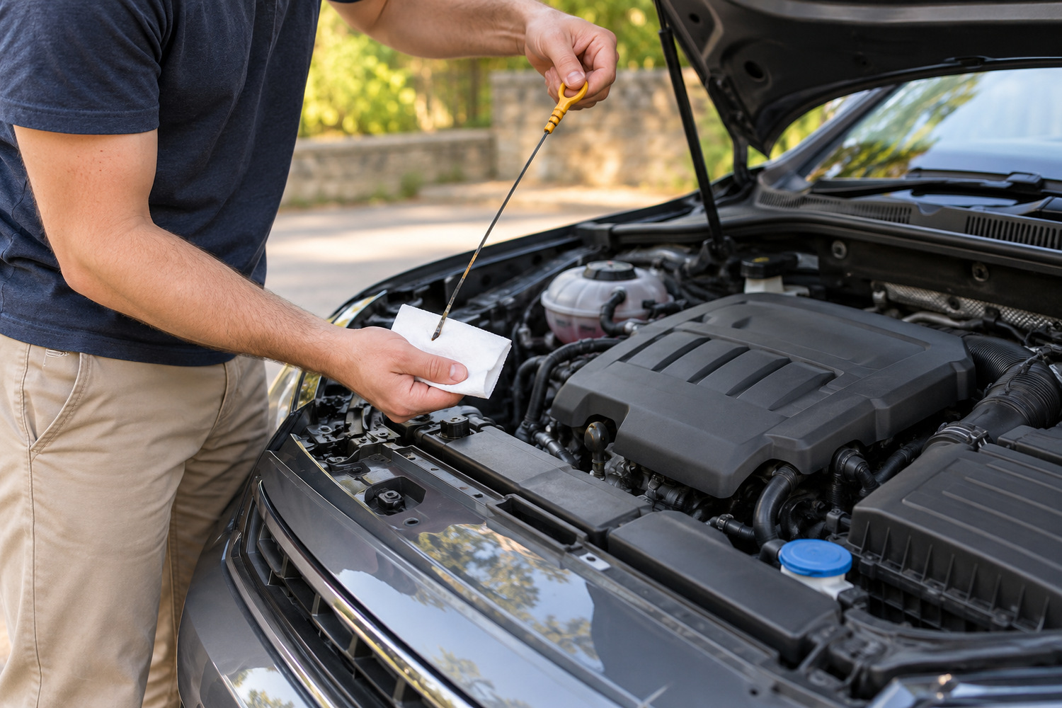 Northside Auto Haus | Is your VW or Audi using too much oil between services? Person checking an oil dipstick and holding a clean cloth beside a parked car with its bonnet raised.