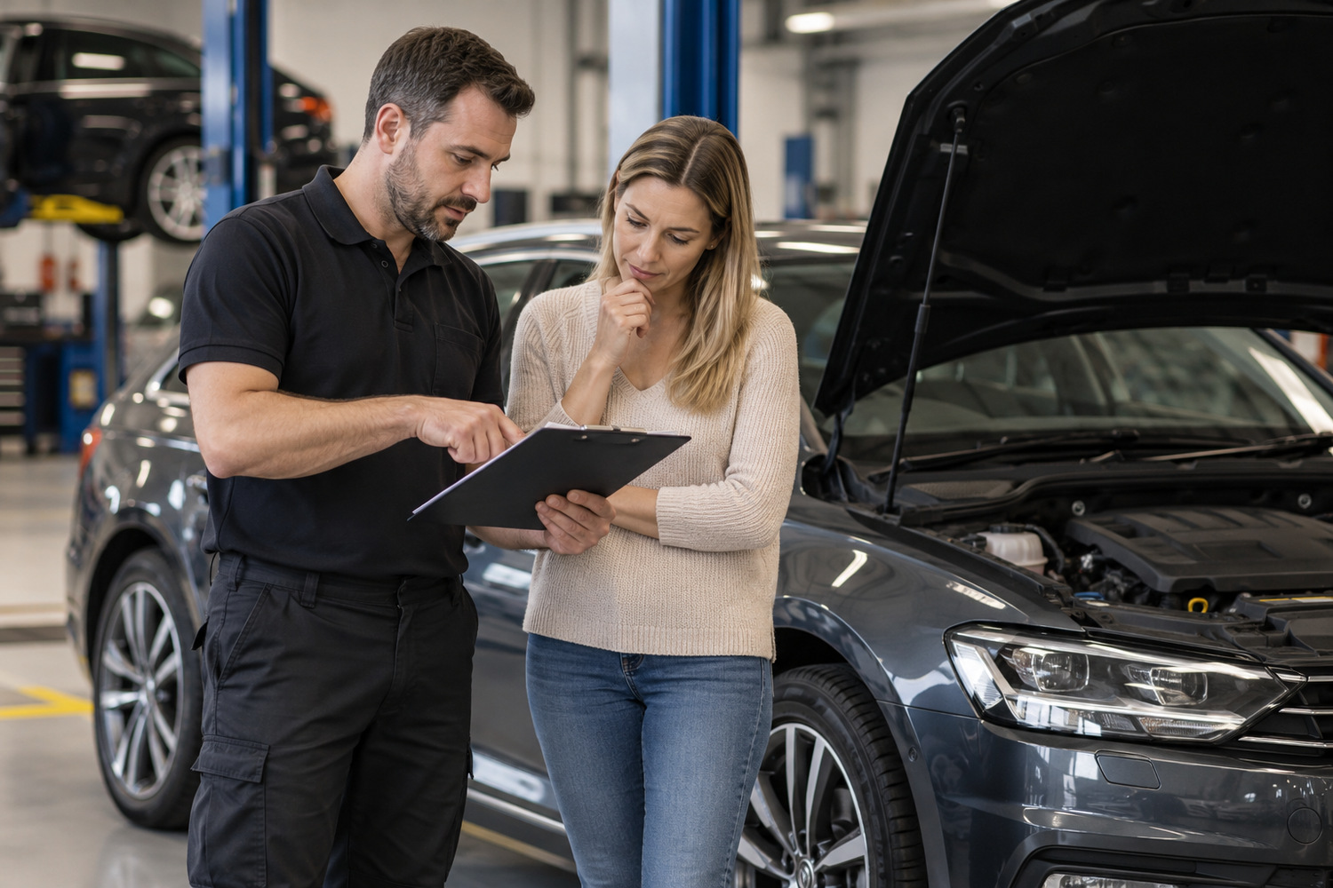 Northside Auto Haus | Is your VW or Audi using too much oil between services? Advisor and owner reviewing a report on a clipboard beside an open car bonnet.