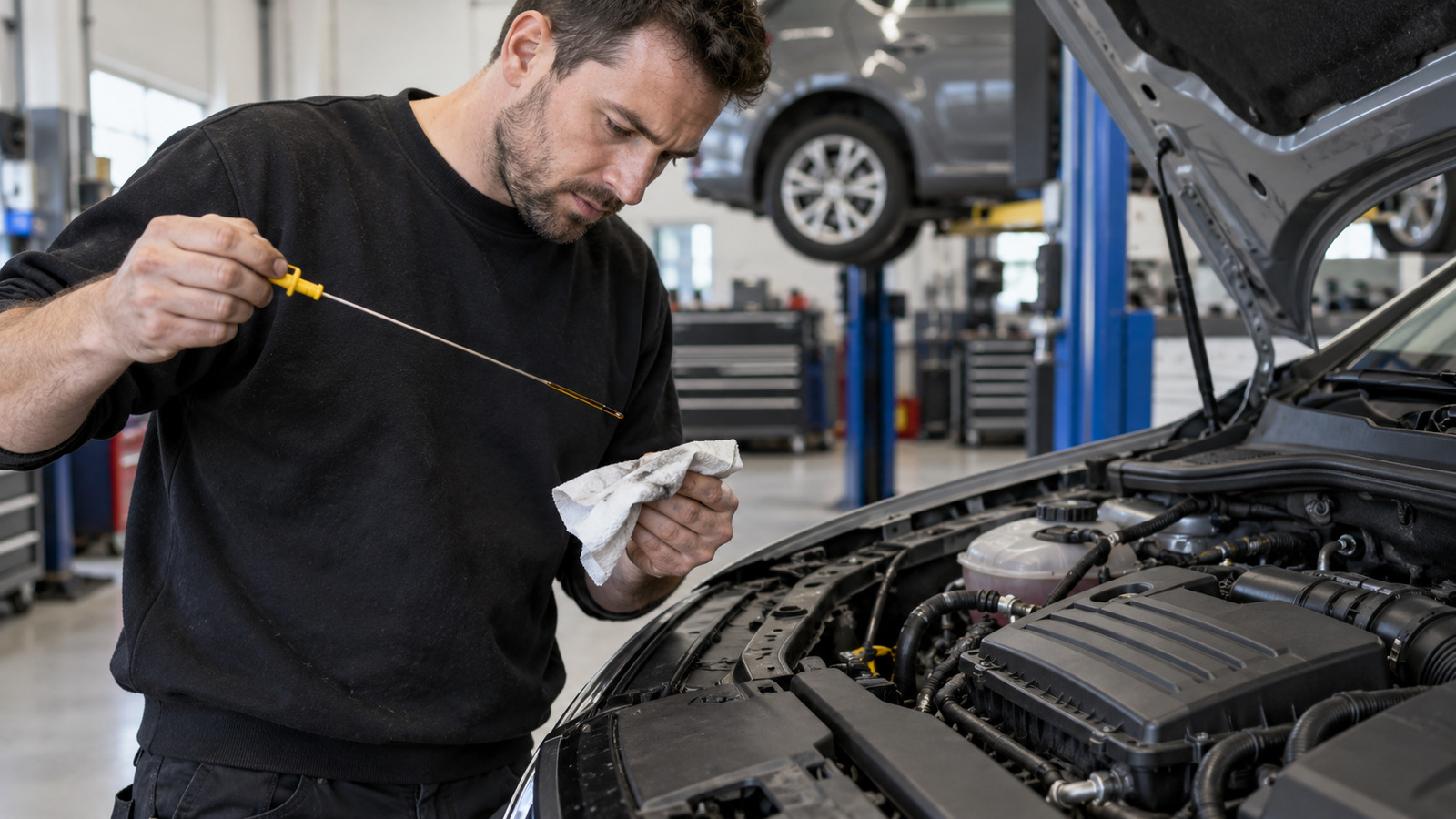 Is your VW or Audi using too much oil between services? Mechanic examining oil on a dipstick beside an open European car engine bay.