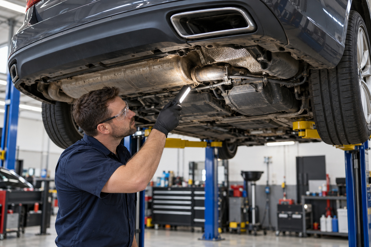 Northside Auto Haus | Is your VW or Audi AdBlue warning a refill or a fault? A mechanic uses an inspection light beneath the exhaust area of a diesel car on a hoist.