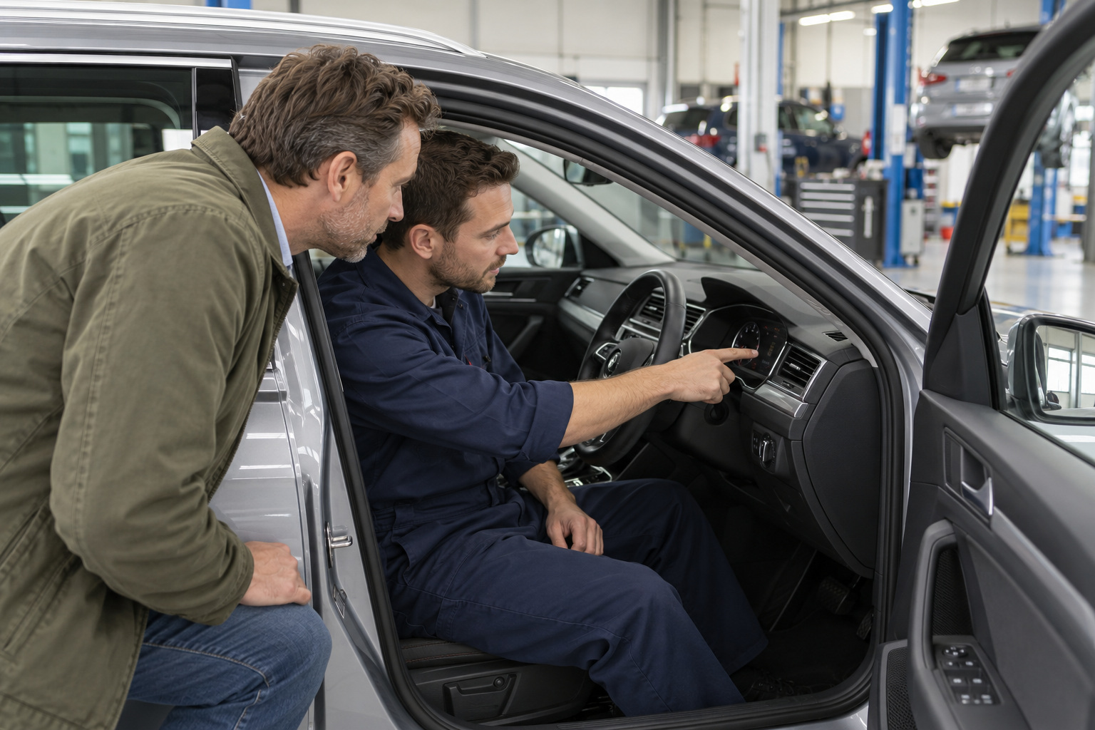 Northside Auto Haus | Is your VW or Audi AdBlue warning a refill or a fault? A mechanic discusses a parked car’s instrument panel with its owner.
