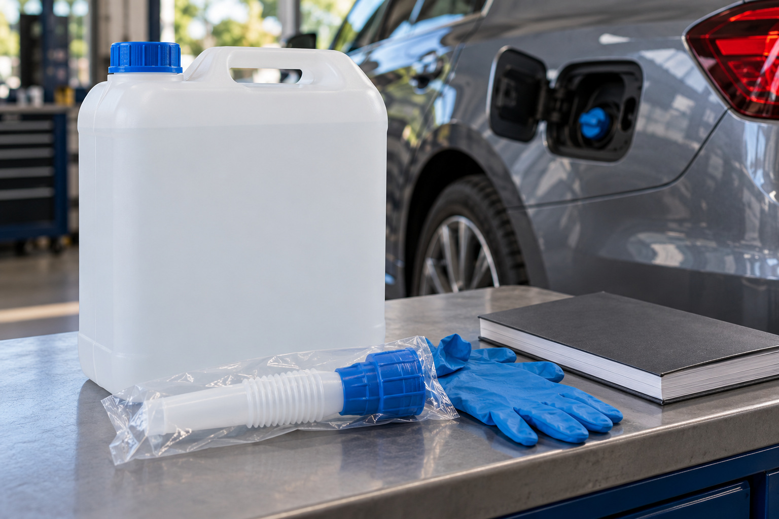 Northside Auto Haus | Is your VW or Audi AdBlue warning a refill or a fault? A sealed white fluid container, packaged filling spout, gloves and handbook on a workshop bench.