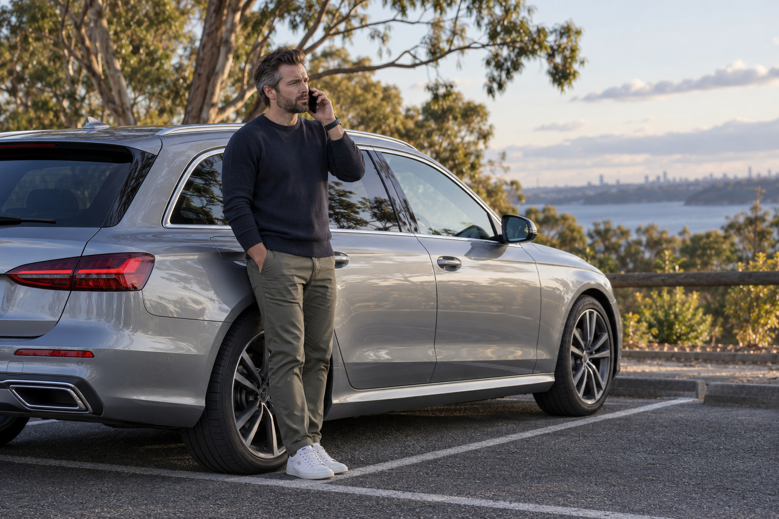 Northside Auto Haus | Is your VW or Audi AdBlue warning a refill or a fault? A driver makes a phone call beside a silver wagon parked in a car-park bay.