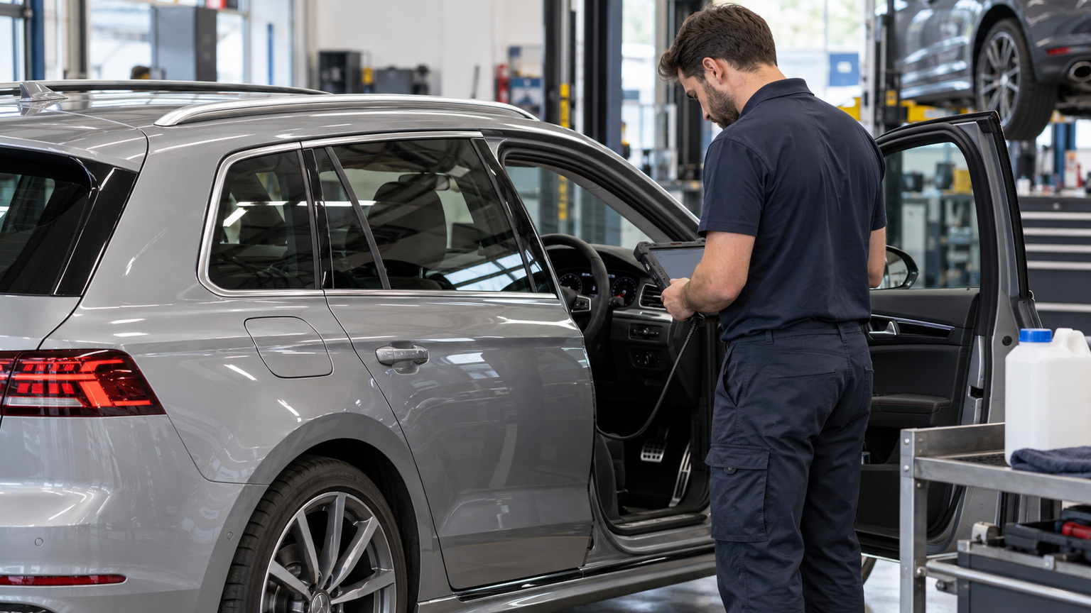 Is your VW or Audi AdBlue warning a refill or a fault? A mechanic uses a diagnostic tablet at the right-hand driver door of a silver wagon.