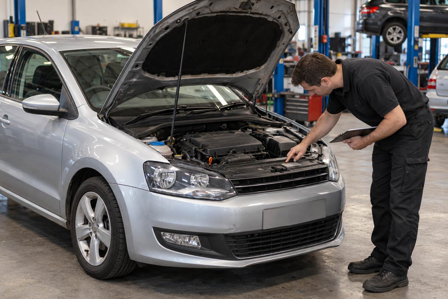 Northside Auto Haus | Is your VW or Audi using too much oil between services? Technician checking vehicle information beneath the bonnet of an early-model silver hatchback.