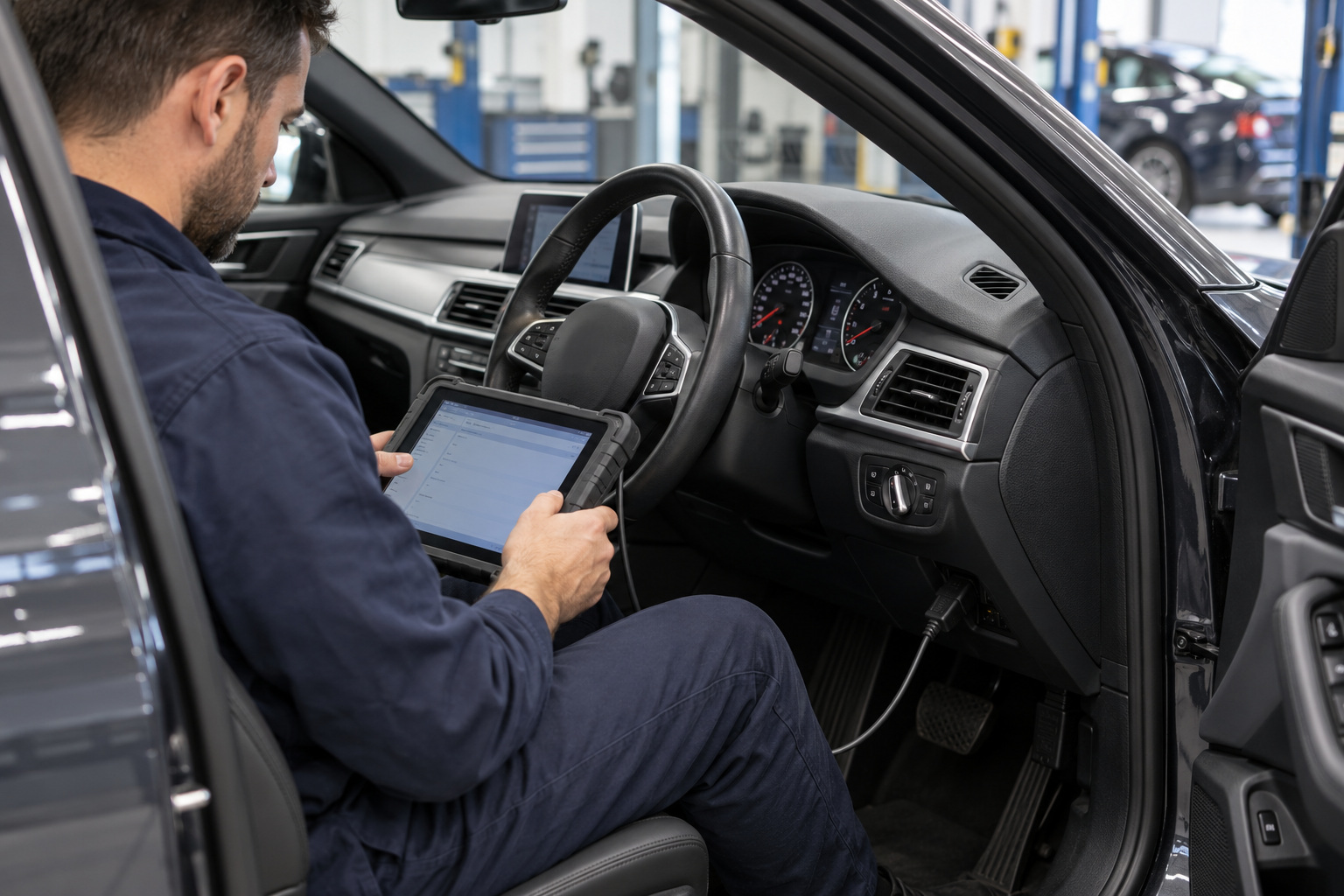 Northside Auto Haus | Is your VW or Audi AdBlue warning a refill or a fault? A technician uses a wired diagnostic tablet inside a right-hand-drive car.