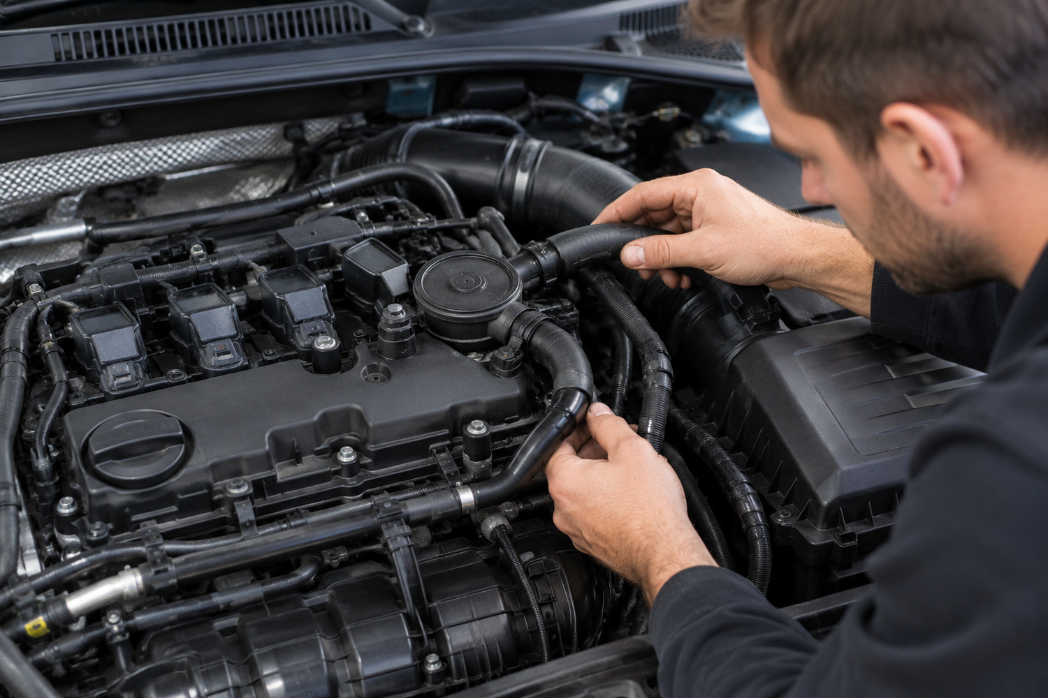 Northside Auto Haus | Is your VW or Audi using too much oil between services? Technician examining breather hoses and a ventilation housing on a four-cylinder engine.